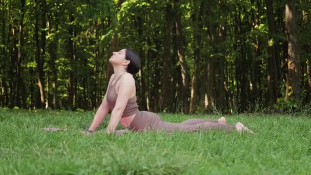 Genç Çekici Sporcu Kadın Dışarıda Yoga Yapıyor Yukarı Doğru Bakıyor — Stok video