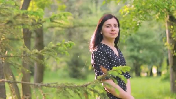 Güneşli Yaz Parkında Açık Havada Gülümseyen Siyah Elbiseli Neşeli Şık — Stok video