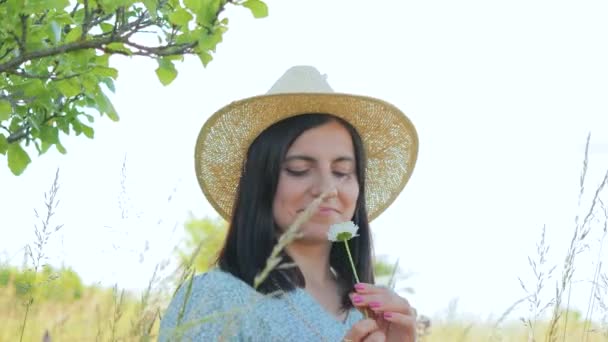 Усміхнена Приваблива Молода Доросла Жінка Сукні Капелюх Нюхає Квітку Ромашки — стокове відео