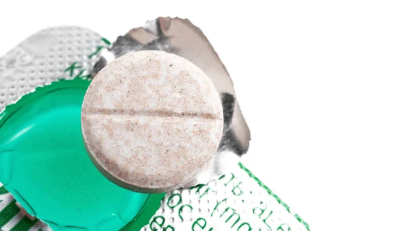 Comprimido Terapêutico Redondo Embalagem Blister Isolado Fundo Branco Medicina Conceito — Fotografia de Stock