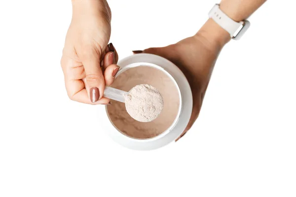 Woman Hand Holding Measuring Spoon Portion Whey Protein Powder Jar — Stock Photo, Image