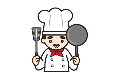 cute chef has a pan and a spatula
