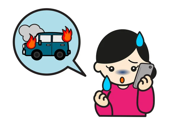 Worried Woman Call Aide Her Phone Burning Car — Stock Photo, Image