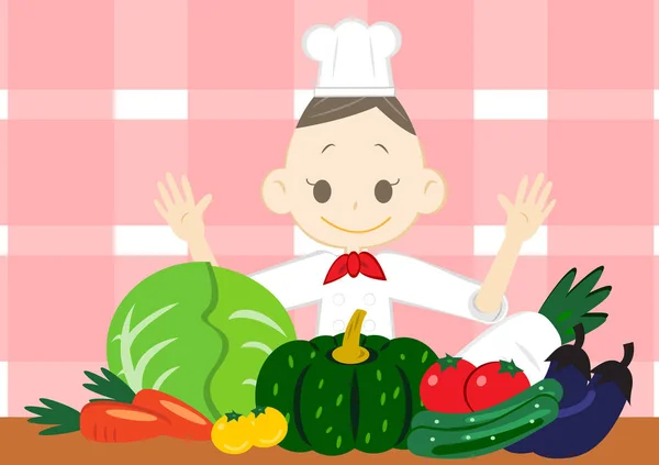 Many Vegetables Cute Woman Chef — Stock Photo, Image