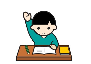 Sınıfta el kaldıran bir çocuk.