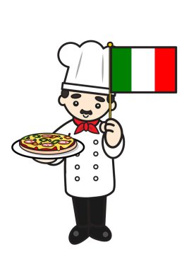 İtalyan aşçının pizzası ve İtalyan bayrağı var.