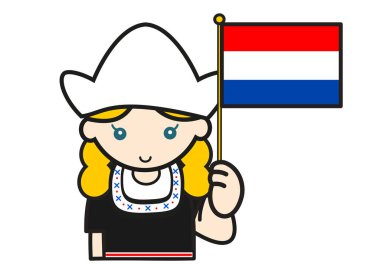 Holland 'ın geleneksel kostümlü kızı Hollanda bayrağına sahip.