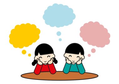 Gülümseyen çocuklar hayal ediyor, konuşma balonları.