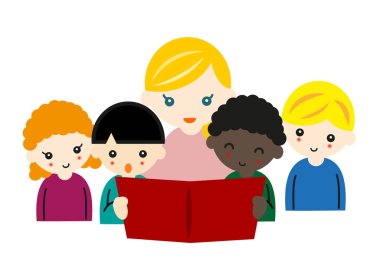 Kafkas kadın öğretmen ve çok kültürlü çocuklar kitap okuyorlar.