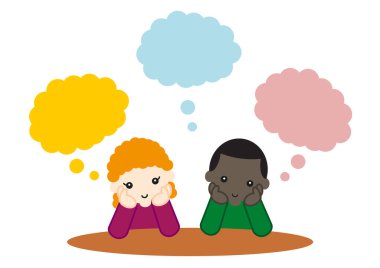 Çiçek açan iki çocuk, beyaz bir kız ve siyah bir erkek çocuğu hayal et.