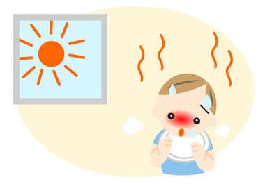 Evde sıcak çarpması geçiren bir bebek var.