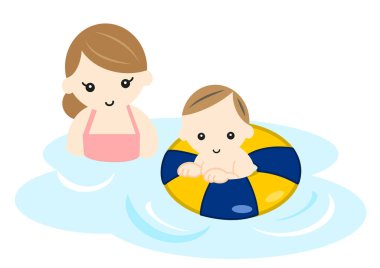 Anneyle Havuz 'da Bebek Yüzme 124de; Sevimli Çizgi Film Çizimi