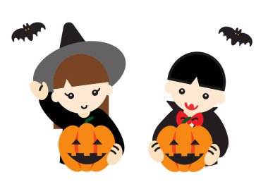 Witch girl and Dracula boy in Halloween costumes