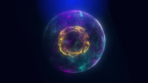 概要動的エネルギー場を持つ球 内側の球体は絶えず変化するオレンジ色のエネルギー場を示し 紫色の玉色の外側の球体は絶えず移動する微粒子で満たされています — ストック動画