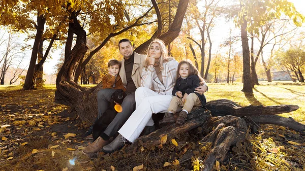 Happy family in an autumn park. Mother, father, son, daughter and dog are sitting on a tree trunk and looking into the camera, yellowed trees around