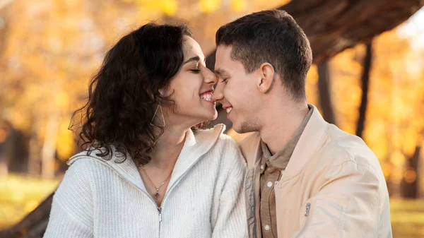 Ένα Ρομαντικό Ζευγάρι Ένα Φθινοπωρινό Πάρκο Γυναίκα Φιλάει Τον Άντρα — Φωτογραφία Αρχείου