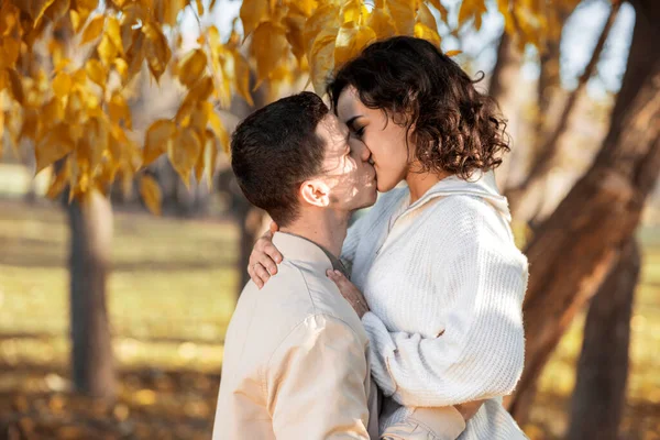 Sonbahar Parkında Romantik Bir Çift Birbirimizi Öpüyoruz Sonbahar Atmosferi Sarı — Stok fotoğraf