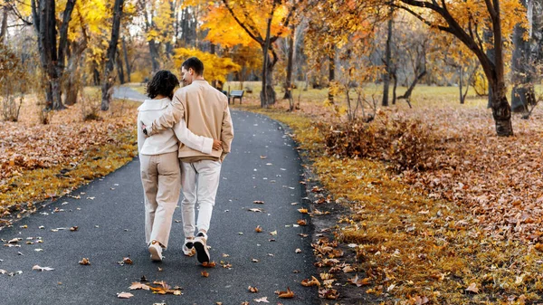 공원에서 로맨틱 커플이지 걸으면서 서로를바라보고 가을의 분위기 누르스름 나무와 주위에 — 스톡 사진