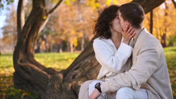 一对浪漫的夫妇在秋天的公园 亲吻对方 秋天的空气 黄树成荫 树叶四散 慢动作 — 图库视频影像