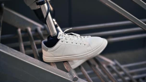 Slow Motion View Man Prosthetic Legs White Sneakers Sitting Metal — Stock Video