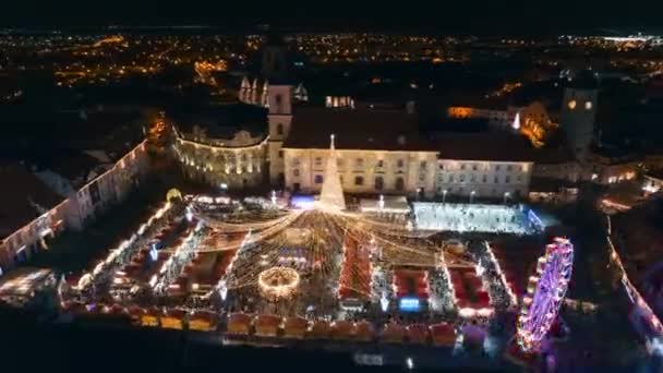 Timelapse Syn Det Historiska Centrumet Sibiu Med Julmarknad Rumänien Stora — Stockvideo