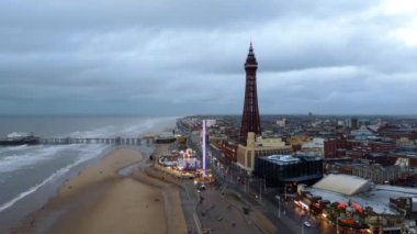 BLACKPOOL, UK - JANUARY, 2023: Aerial drone view of beach and buildings