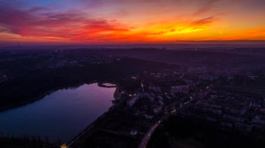 Aerial drone view of red sunset in Chisinau, Moldova