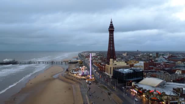 Blackpool January 2023 Aerial Drone View Beach Buildings — 图库视频影像