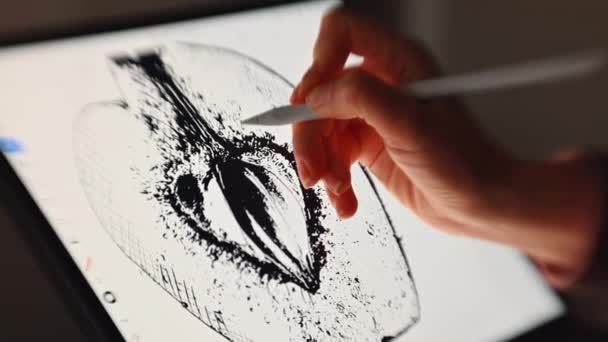 Woman Hand Painting Graphic Tablet White Pen Close — Videoclip de stoc