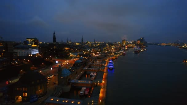 Aerial Drone View Hamburg Evening Germany Elbe Coastline Moored Boats — Stok video