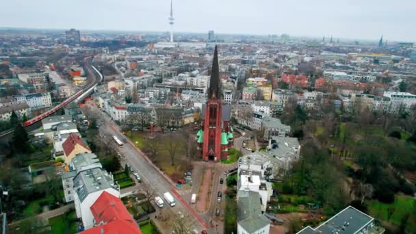 Aerial Drone View Hamburg Germany Residential District Buildings Classic Church — Stockvideo
