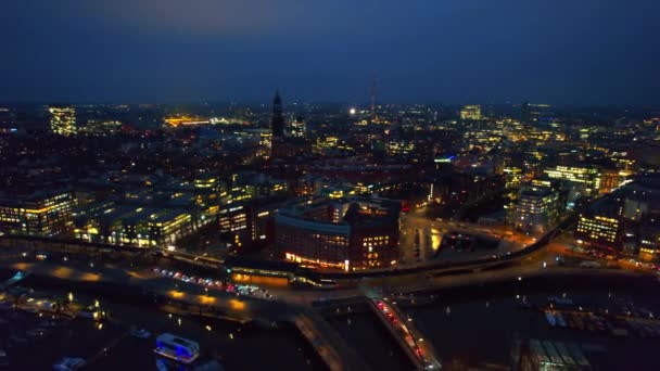 Aerial Drone View Hamburg Evening Germany Elbe Coastline Moored Boats — Vídeo de stock