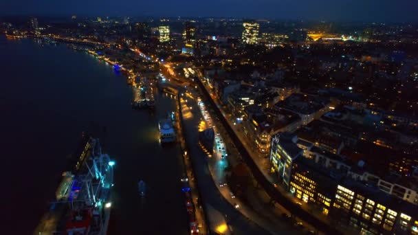 Aerial Drone View Hamburg Evening Germany Elbe Coastline Moored Boats — Stockvideo