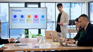 Young team leader leading business meeting in an office, discussing business affairs with workers using a big display