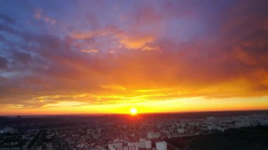 Aerial drone view of Chisinau at sunset, Moldova. View of a residential district with multiple buildings and parks