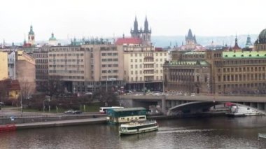 Vltava River and city with buildings, boats on river, Czech Republic