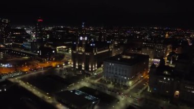 Aerial drone view of Liverpool city watch at night, United Kingdom