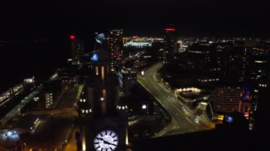Aerial drone view of Liverpool city watch at night, United Kingdom