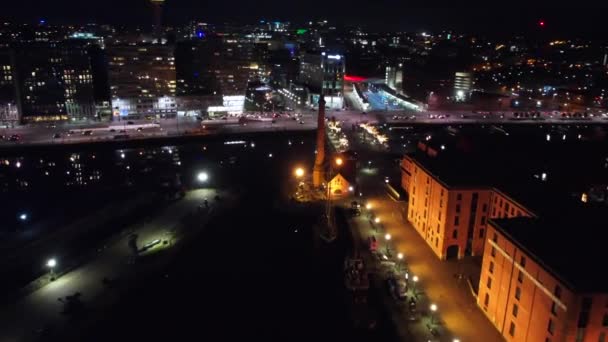 Aerial Drone View Liverpool City Watch Την Νύχτα Ηνωμένο Βασίλειο — Αρχείο Βίντεο