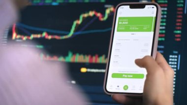 Açılmış kredi başvurusu ile akıllı telefonu elinde tutan kişinin yakın görüntüsü. Arkaplanda hisse senedi çizelgeleri