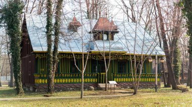 Romanya 'nın Bükreş kentindeki Köy Müzesi manzarası. Ulusal tarzda yapılmış eski bir konut binası.