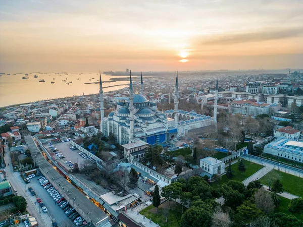 Vue Aérienne Par Drone Istanbul Coucher Soleil Turquie Mosquée Bleue — Photo