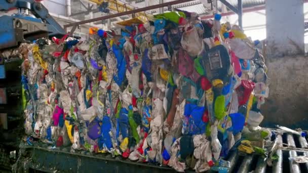 Pressmaschine Macht Einen Würfel Aus Plastikmüll Der Müllsortieranlage — Stockvideo