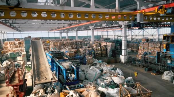 Blick Das Innere Einer Müllsortieranlage Würfel Aus Zusammengepresstem Müll Spezialwerkzeuge — Stockvideo