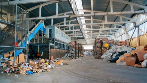 Vista Interior Uma Estação Triagem Resíduos Lixo Todos Lugares Ferramentas — Vídeo de Stock