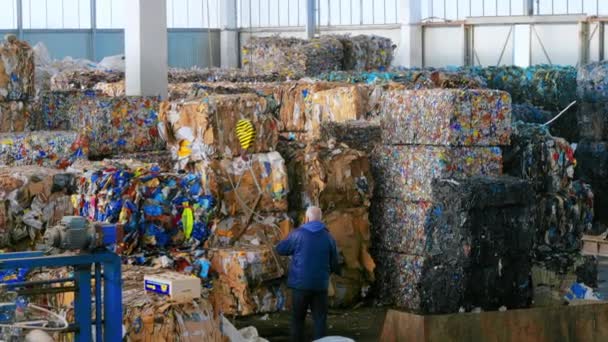 Chisinau Moldova March 2023 Employee Stacks Cube Compressed Garbage Using — Stock Video