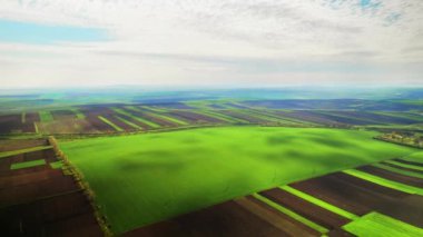 Moldova 'daki doğanın insansız hava aracı görüntüsü. Geniş yeşil tarlalar, bulutlu gökyüzü.