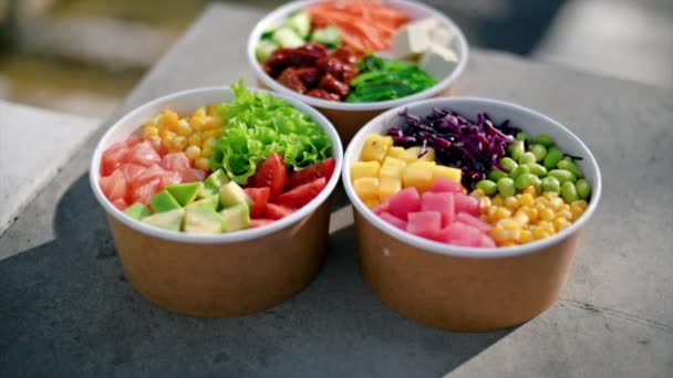 Close View Three Poke Bowls Vegetables Fruits Fish Seaweed Salad — Stock Video