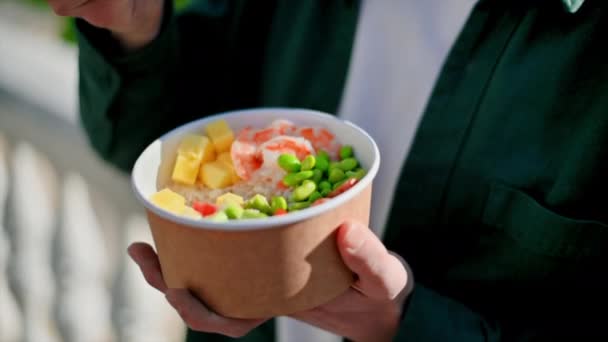 Close View People Placing Three Poke Bowls Vegetables Fruits Fish — Stock Video