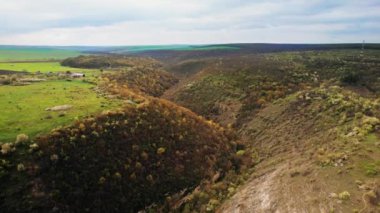 Moldova 'daki Sahra Manastırı' nın insansız hava aracı görüntüsü. Vadideki yemyeşil ormanlarla kaplı kiliseleri olan bir manastır.